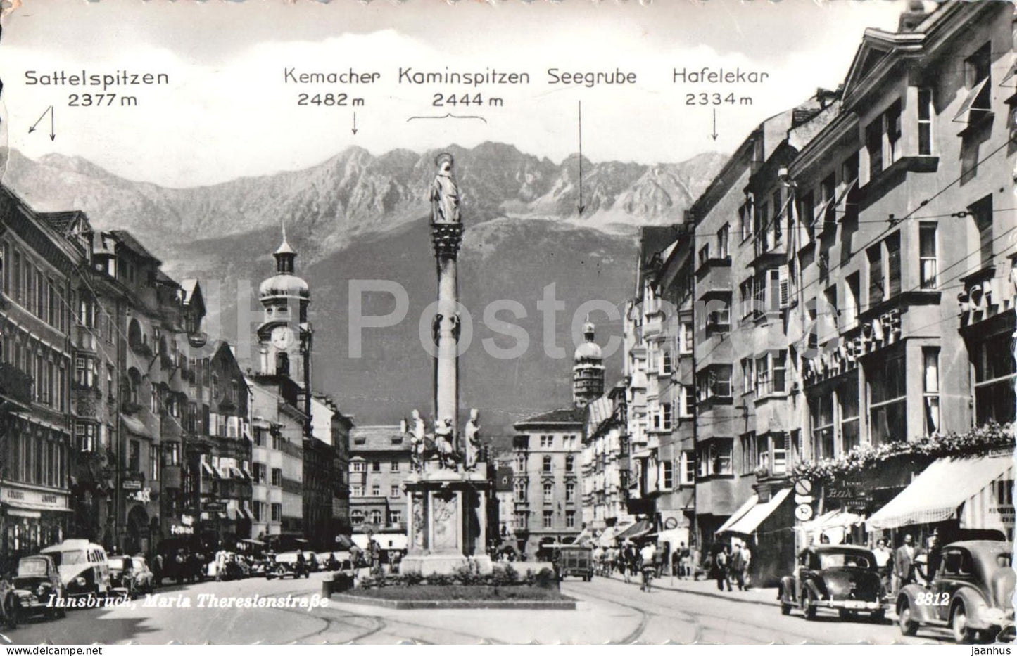 Innsbruck - Maria Theresienstrasse - Sattelspitzen - Kemacher - old car - old postcard - 8812 - 1956 - Austria - used - JH Postcards