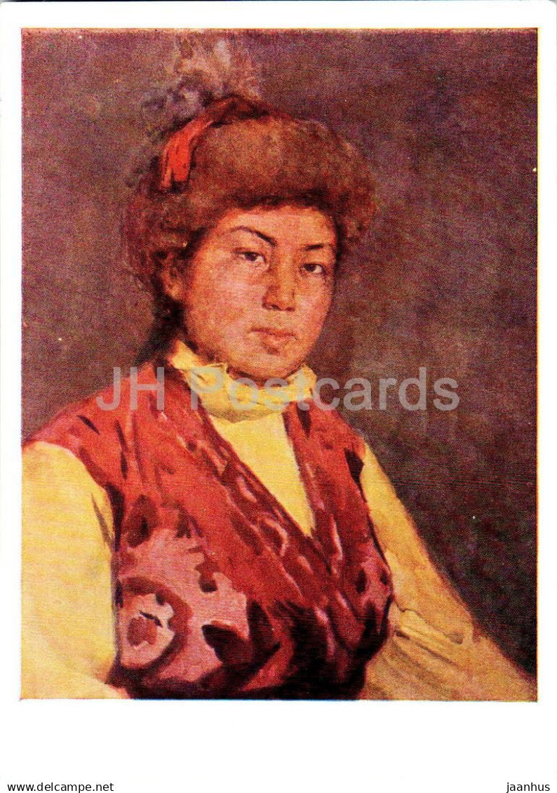 painting by M. Omorkulov - Youth Festival Delegate - woman - Kyrgyztan art - 1959 - Russia USSR - unused - JH Postcards