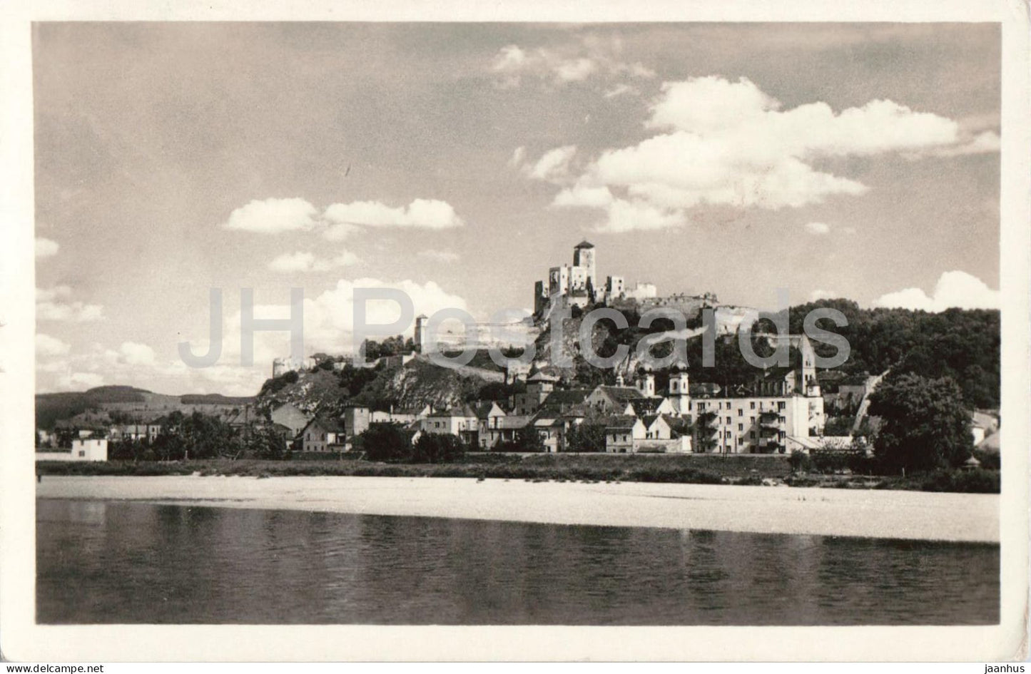 Trencin - castle town - river view - panorama - old postcard - Slovakia - Czechoslovakia - used - JH Postcards