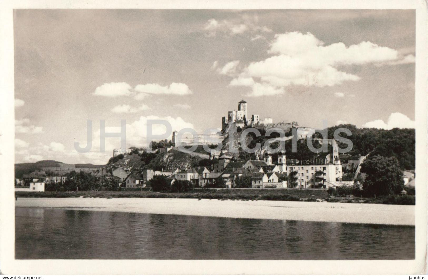 Trencin - castle town - river view - panorama - old postcard - Slovakia - Czechoslovakia - used - JH Postcards