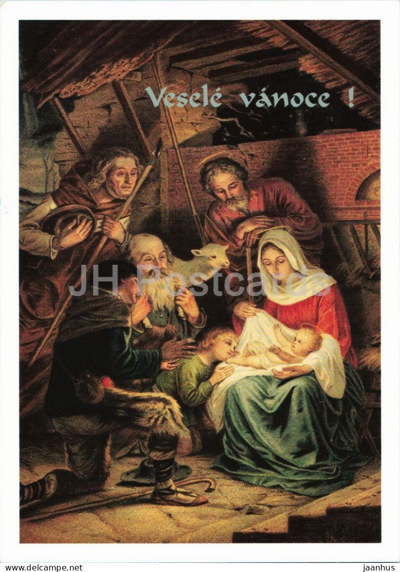 Christmas greeting card - Merry Christmas - Nativity scene - sheep - Vesele Vanoce - 1990s - Czech Republic - used - JH Postcards