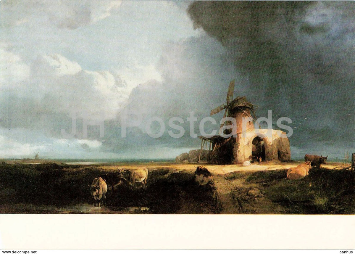 painting by Henry Bright - St. Benets Abbey on the Bure - cow - windmill - English art - ON29 - United Kingdom - unused - JH Postcards