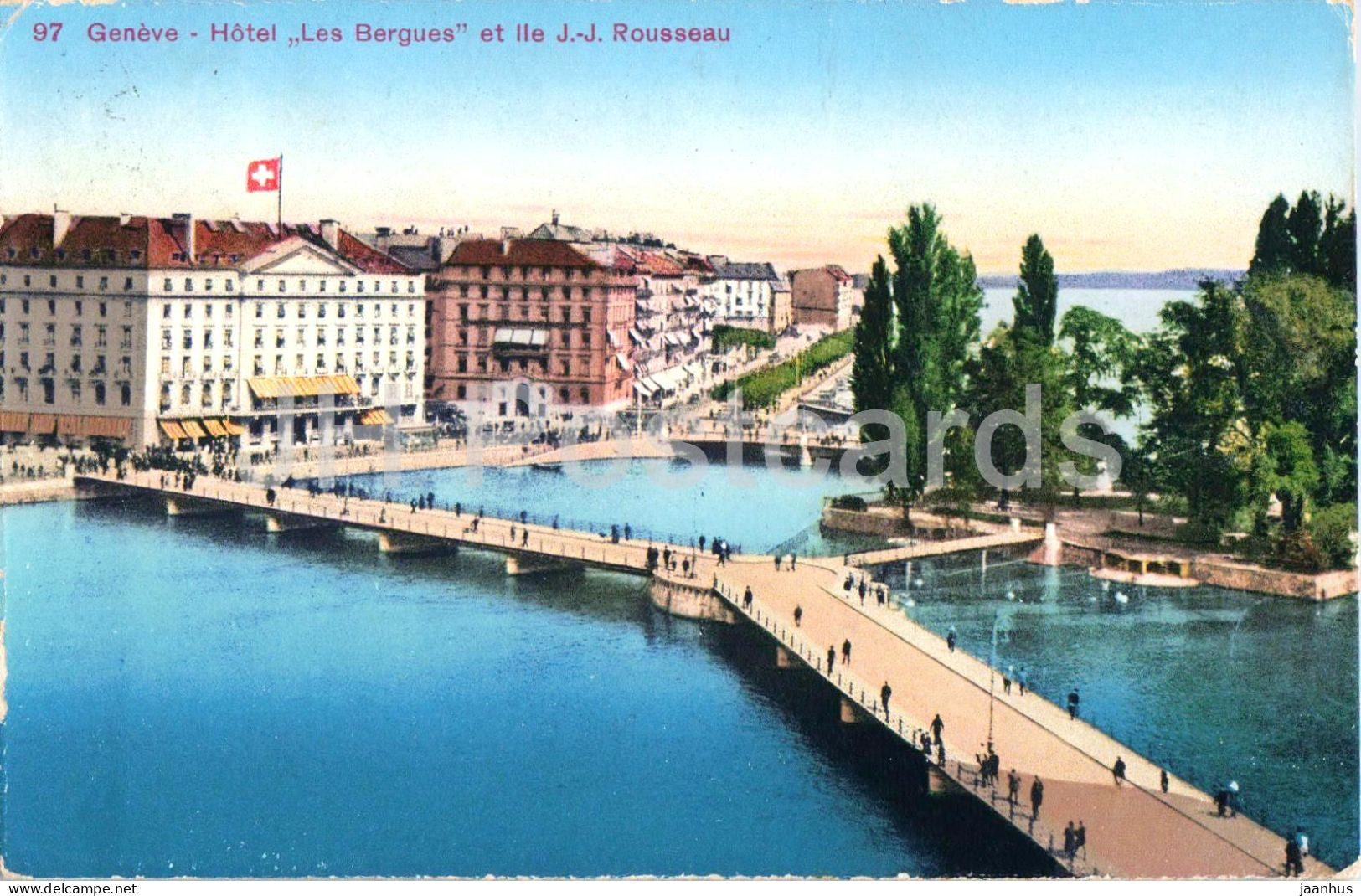 Geneve - Geneva - Hotel Les Bergues et Ile J.-J. Rousseau - 97 - old postcard - 1927 - Switzerland - used - JH Postcards