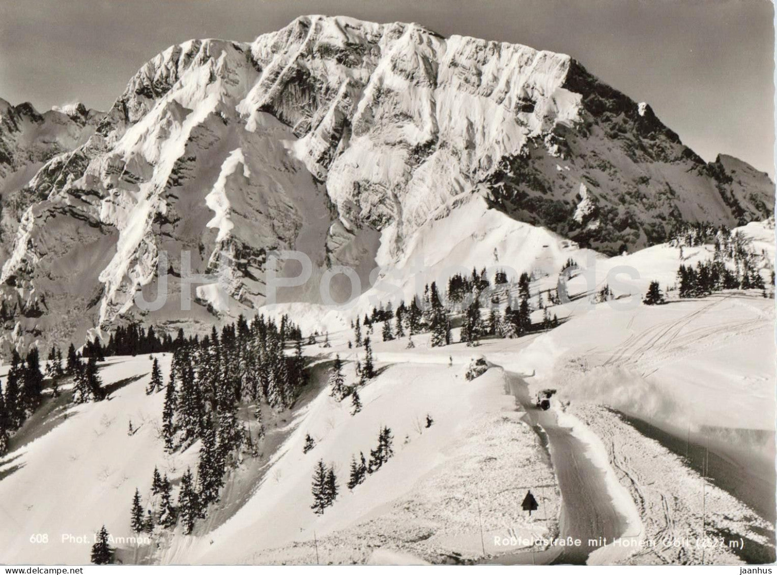 Rossfeldstrasse mit Hohem Goll 2522 m - alpine road - high mountains - 608 - old postcard - 1963 - Germany - used - JH Postcards