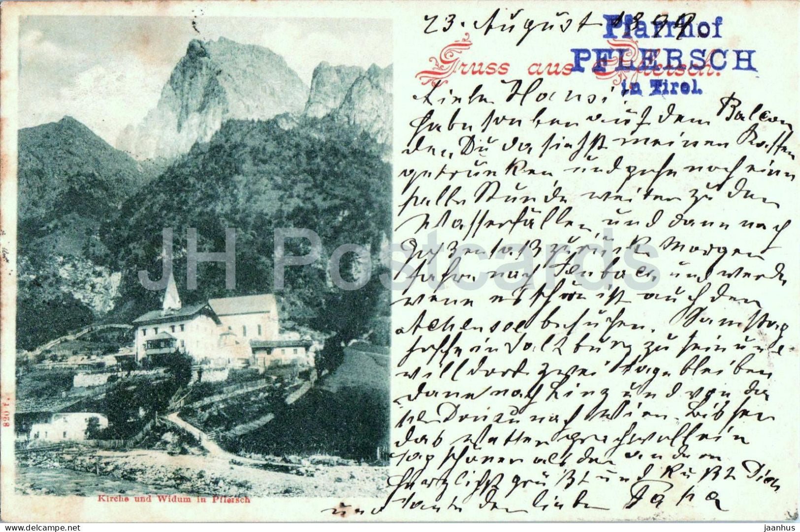 Gruss aus Pflersch - Kirche und Widum - Church - alpine village - old postcard - 1899 - Austria - used - JH Postcards