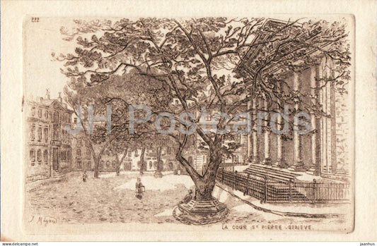Geneve - Geneva - La Cour St. Pierre - cathedral square with tree and buildings - old postcard - Switzerland - used - JH Postcards