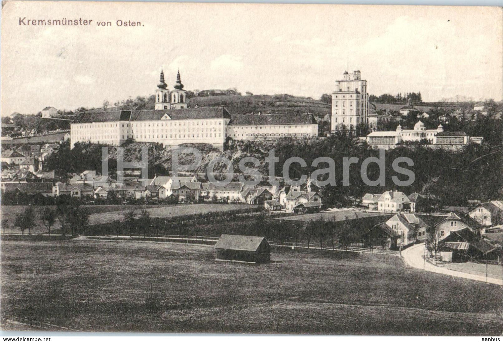 Kremsmunster von Osten - town - landscape - old postcard - 1920 - Austria - used - JH Postcards