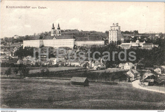 Kremsmunster von Osten - town - landscape - old postcard - 1920 - Austria - used - JH Postcards