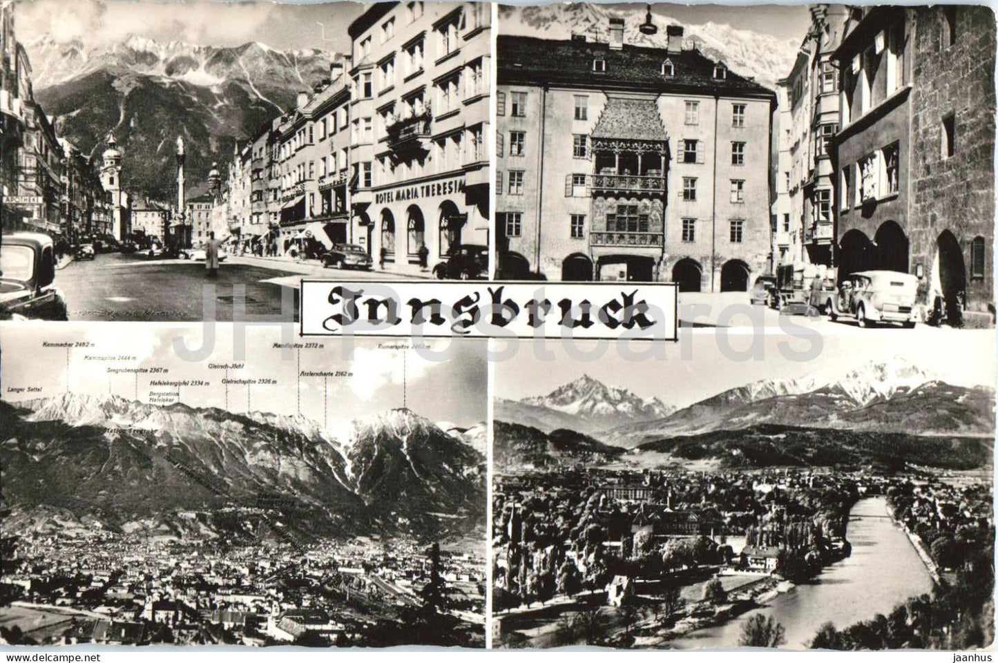 Innsbruck - city panorama - streets - hotel Maria Theresia - alpine city - multiview - 19949 - Austria - used - JH Postcards