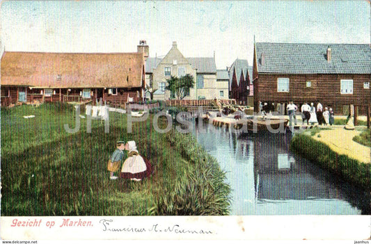 Gezicht op Marken - View of Marken - traditional town - boy and girl kissing - old postcard - 1909 - Netherlands - used - JH Postcards