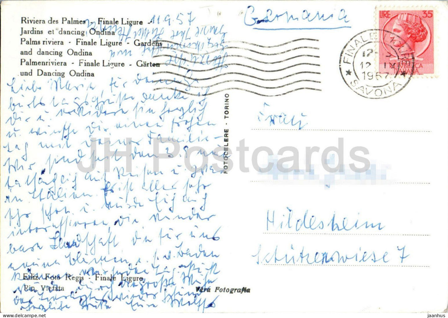 Riviera delle Palme - Finale Ligure - Giardini e dancing Ondina - seaside resort car old postcard - 1957 - Italy - used