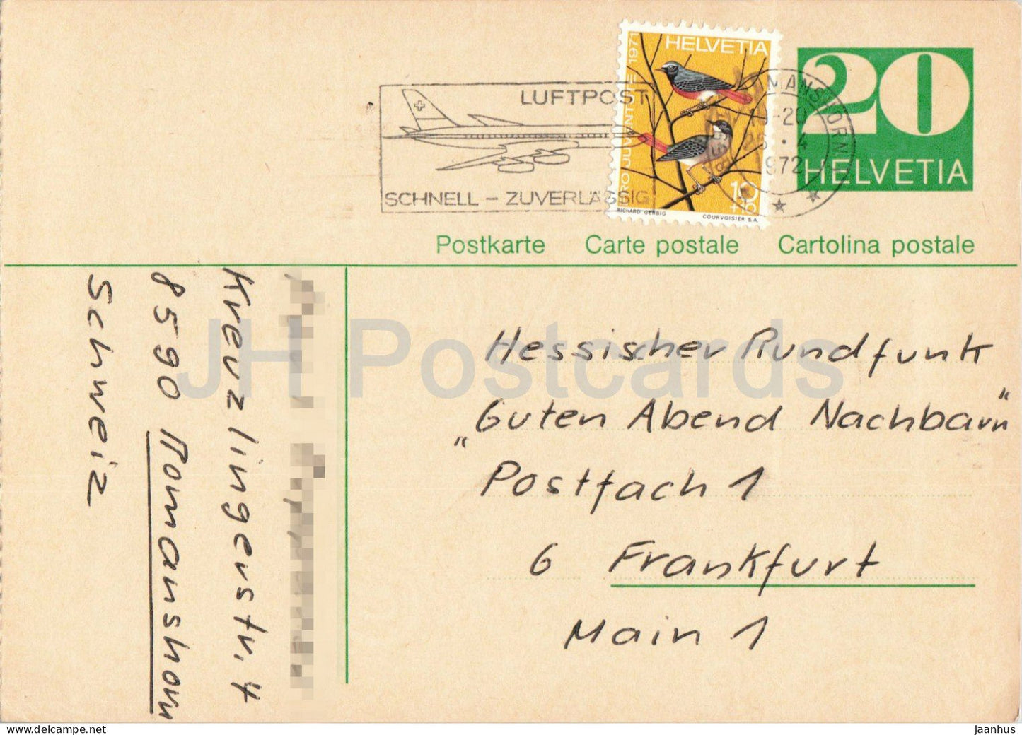 Guten Abend Nachbarn - Hessischer Rundfunk - postal stationery - 152 - 1972 - Switzerland - used - JH Postcards