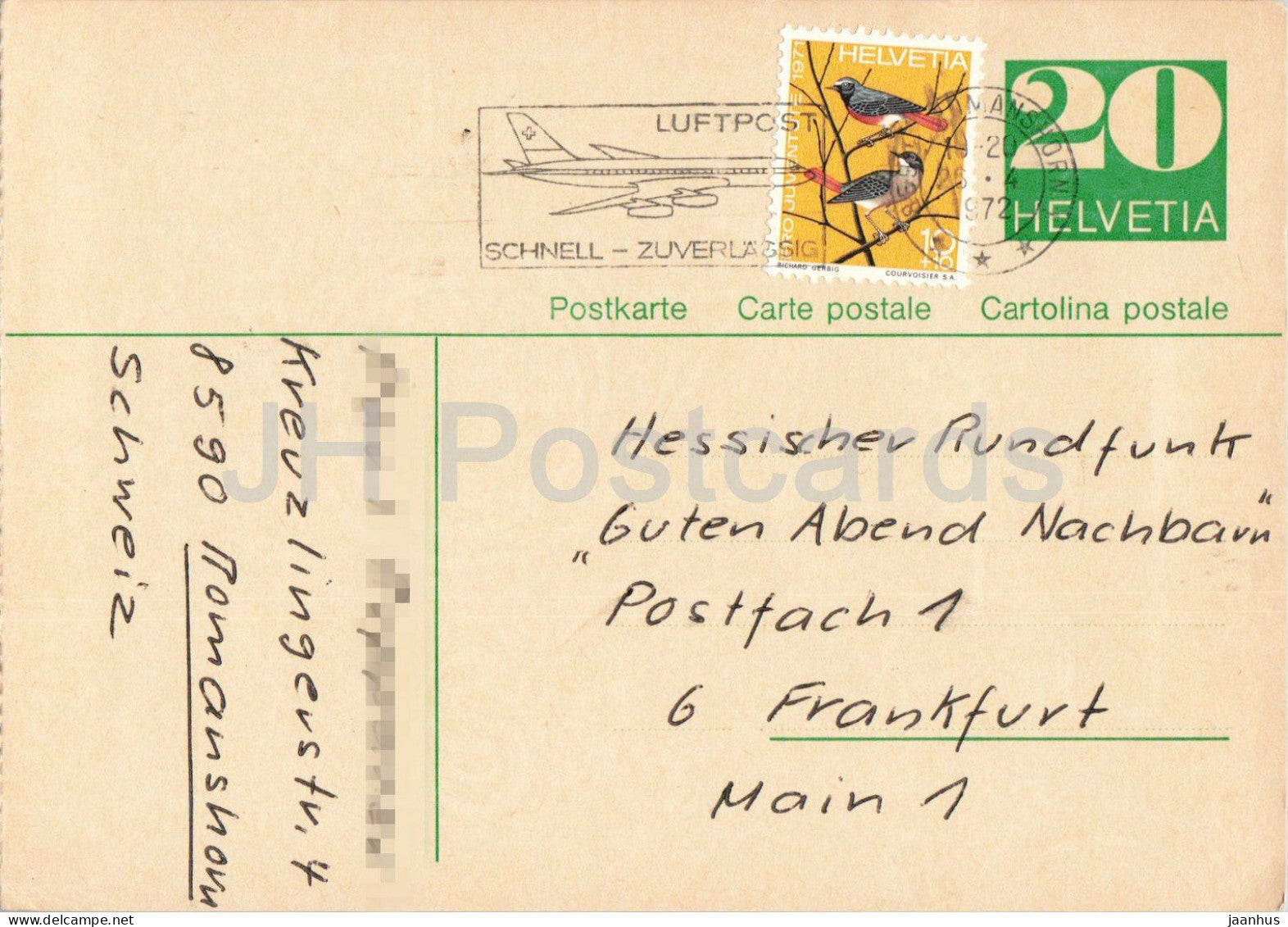 Guten Abend Nachbarn - Hessischer Rundfunk - postal stationery - 152 - 1972 - Switzerland - used - JH Postcards