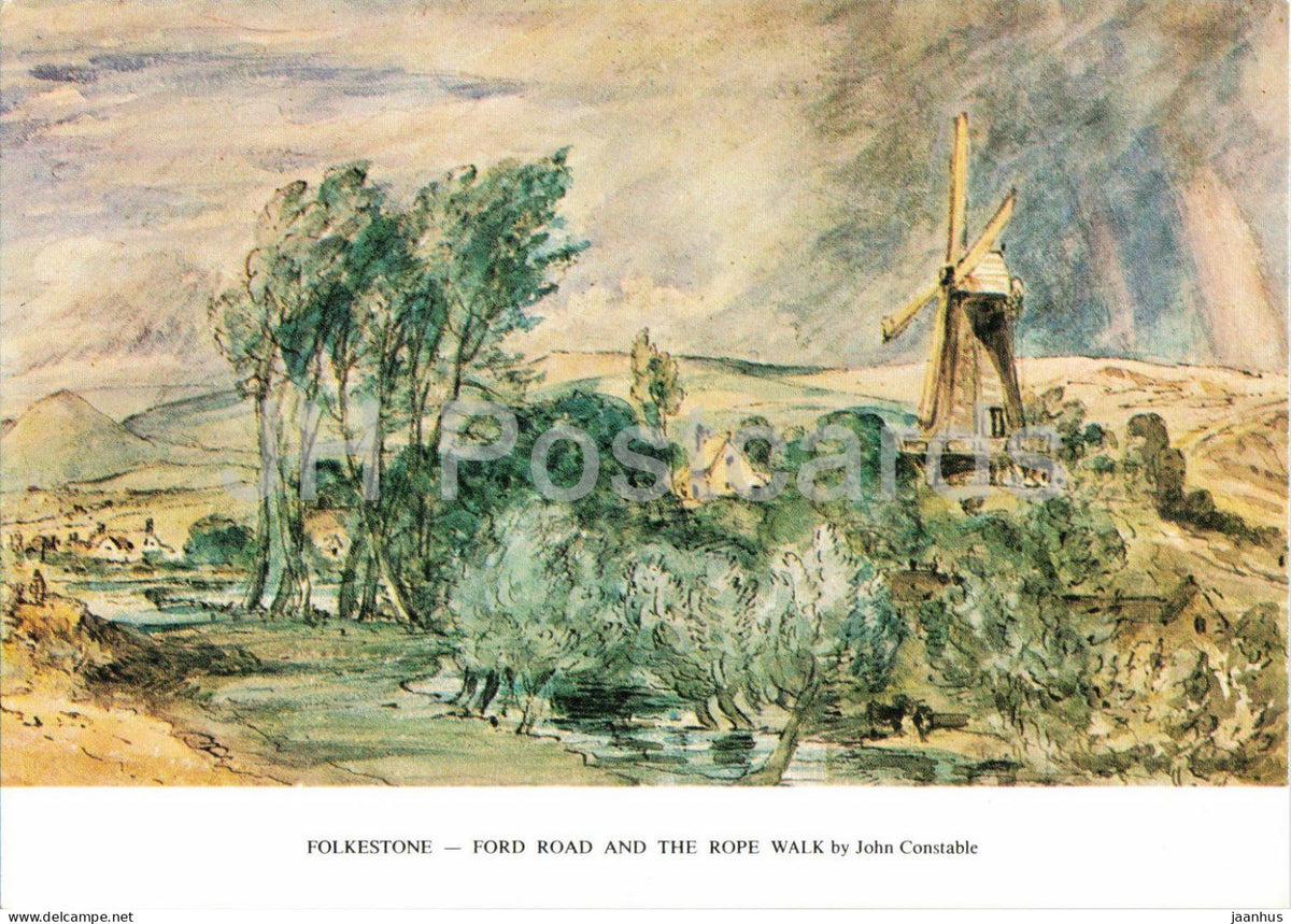watercolor by John Constable - Folkestone - Ford Road and the Rope Walk - windmill - English art United Kingdom - unused - JH Postcards