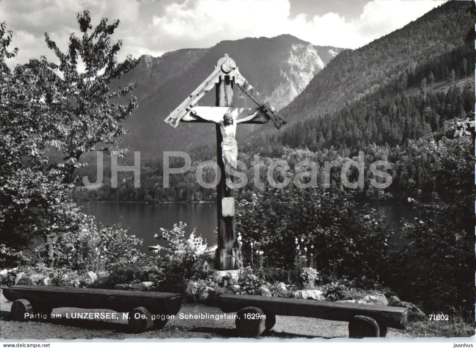 Partie am Lunzersee N.O. gegen Scheiblingstein 1629 m - lake - crucifix - 71802 - old postcard - Austria - unused - JH Postcards