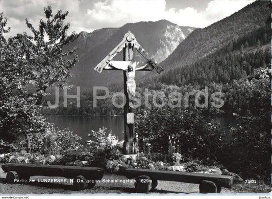 Partie am Lunzersee N.O. gegen Scheiblingstein 1629 m - lake - crucifix - 71802 - old postcard - Austria - unused - JH Postcards
