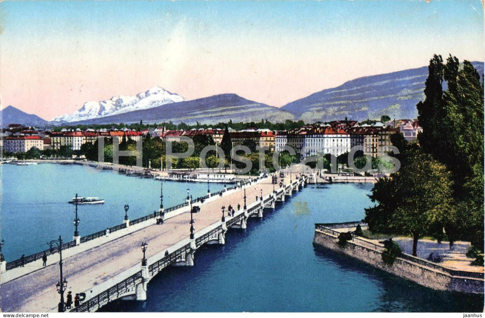 Geneve - Geneva - Pont du Mont-Blanc et Ile J.-J. Rousseau - bridge - old postcard - 30 - 1930s - Switzerland - used - JH Postcards