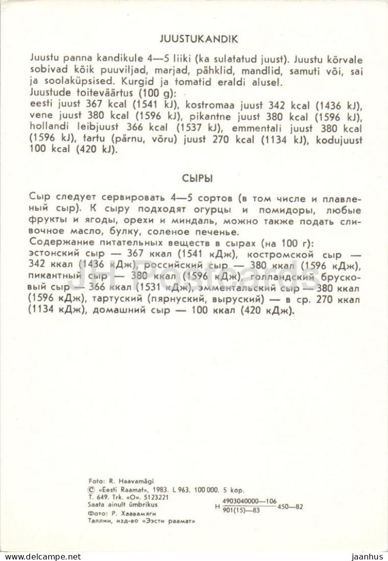 Käseplatte – Lebensmittel – Käseauswahl – 1983 – Estland, UdSSR – unbenutzt 