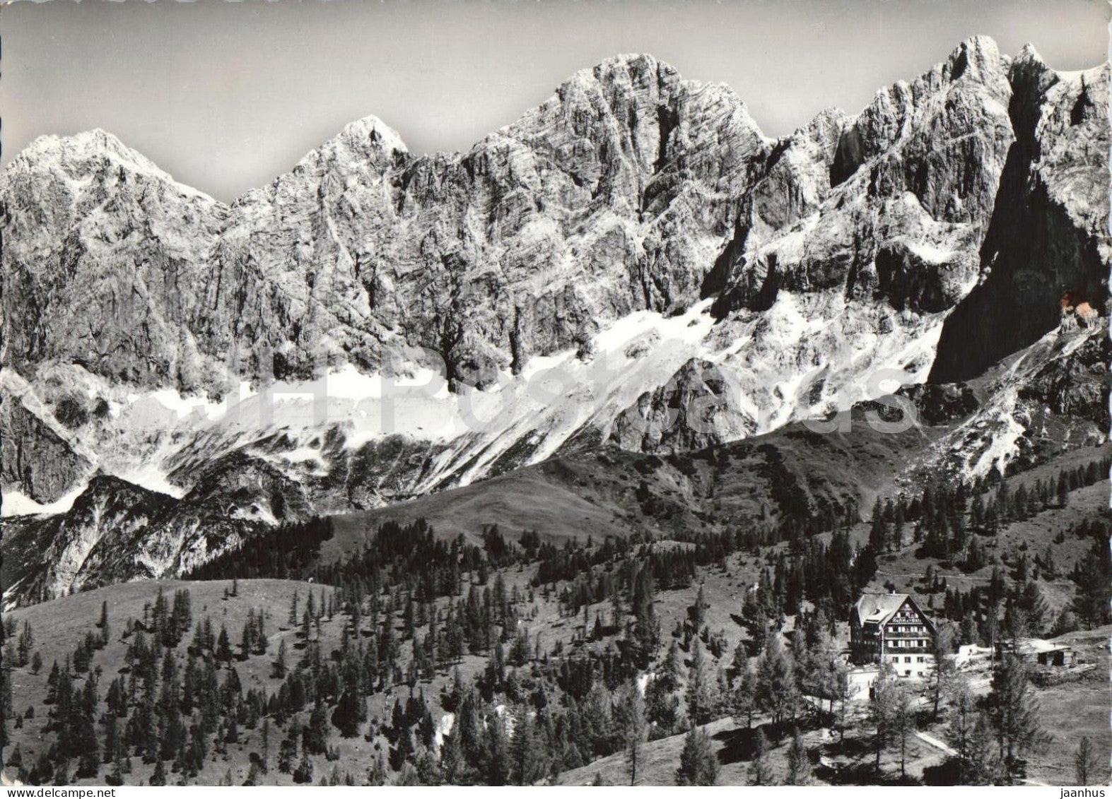 Austriahutte 1638 m mit Dachstein 3004 m und Dirndl - mountain panorama - 42784 - 1962 - Austria - used - JH Postcards