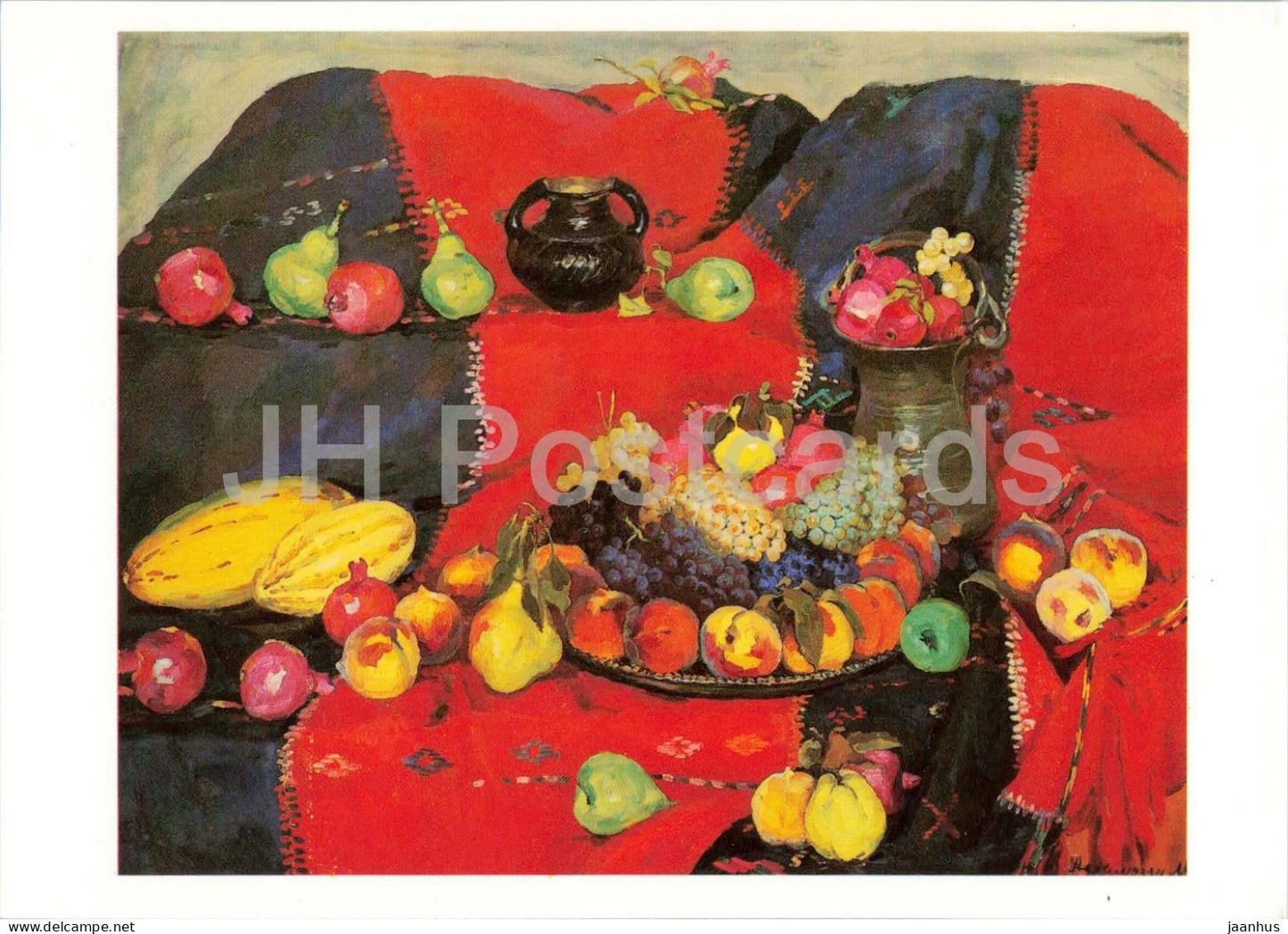 painting by M. Aslamazyan - Armenian Still Life - apple - peach - grape - Armenian art - 1987 - Russia USSR - unused - JH Postcards