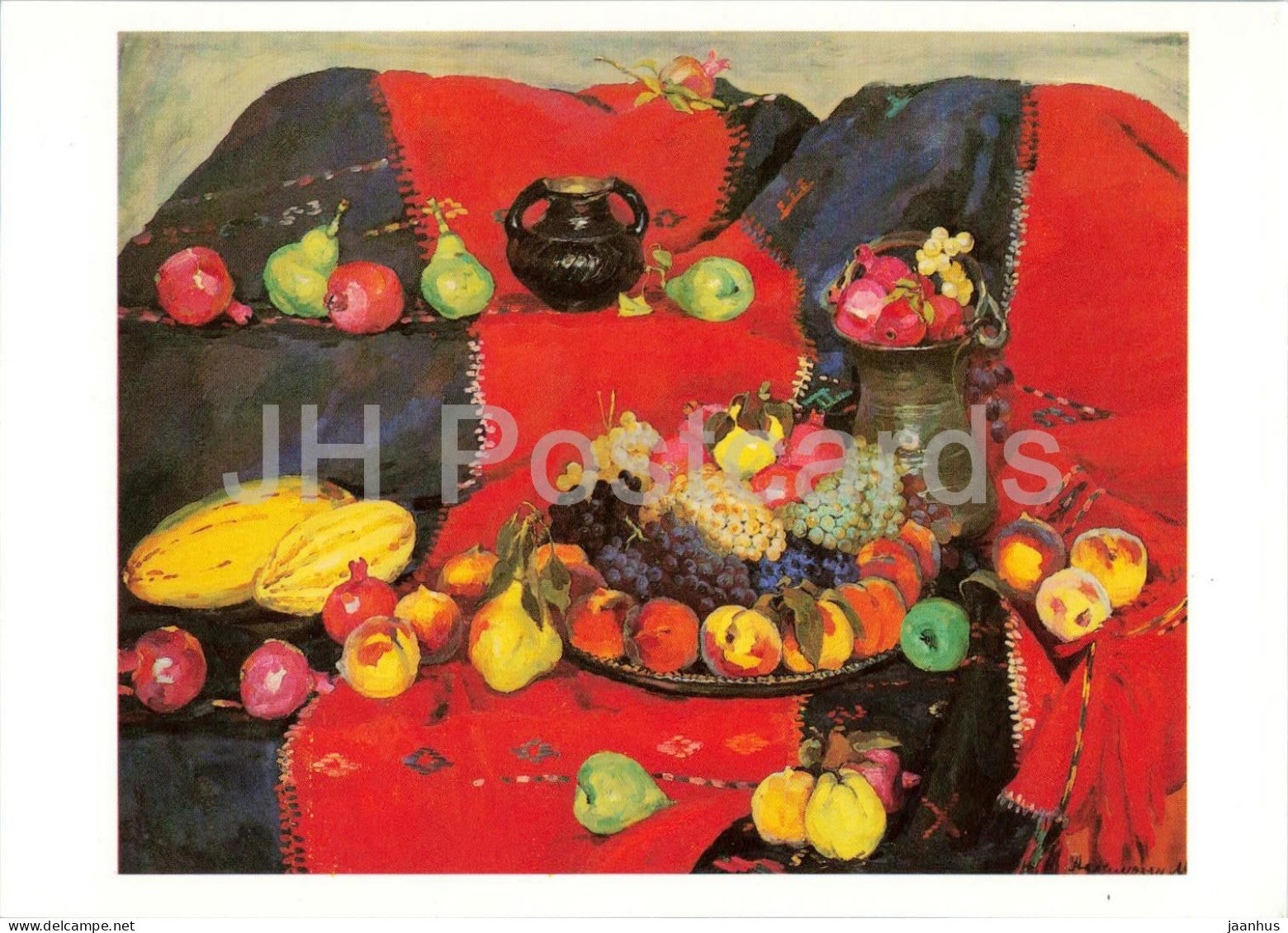 painting by M. Aslamazyan - Armenian Still Life - apple - peach - grape - Armenian art - 1987 - Russia USSR - unused - JH Postcards