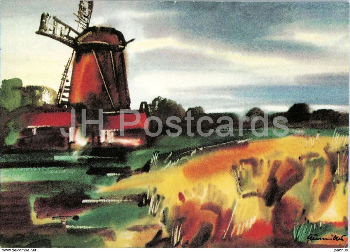 painting by Franz Aumuller - Landscape with a Mill - Landschaft mit Muhle - windmill - 1967 - Germany - unused - JH Postcards