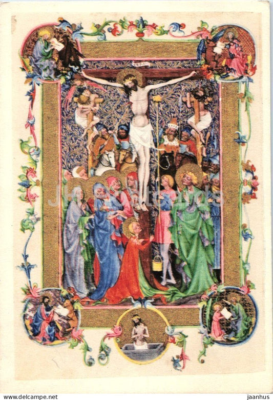illuminated manuscript - The Crucifixion of Christ - Die Kreuzigung Christi - art - old postcard - 1950 - Austria - used - JH Postcards