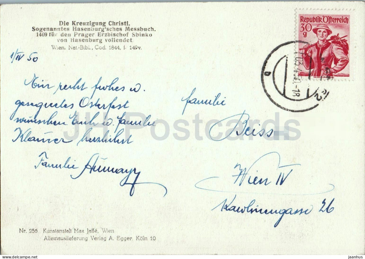illuminated manuscript - The Crucifixion of Christ - Die Kreuzigung Christi - art - old postcard - 1950 - Austria - used