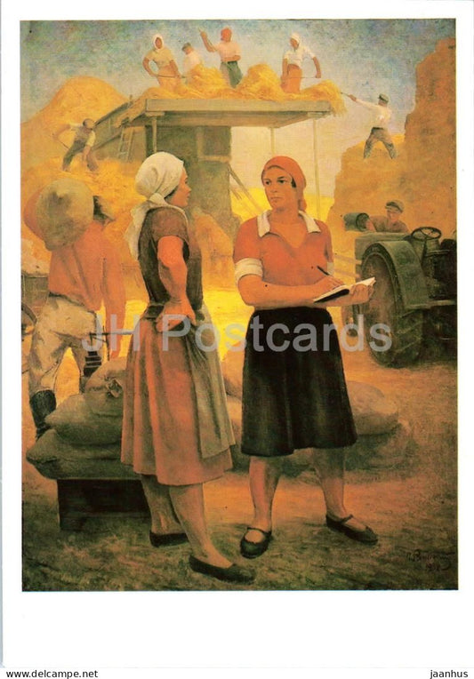 painting by G. Ryazhsky - Collective Farm Brigade Leader - tractor - woman - Russian art - 1987 - Russia USSR - unused - JH Postcards
