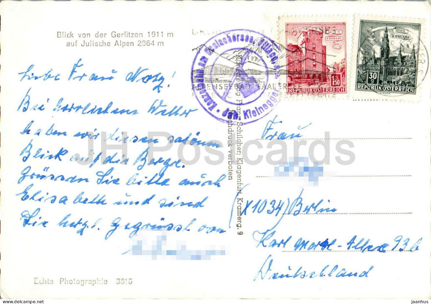 Blick von der Gerlitzen 1911 m auf Julische Alpen 2864 m - mountain panorama - 3816 - old postcard - Austria - used