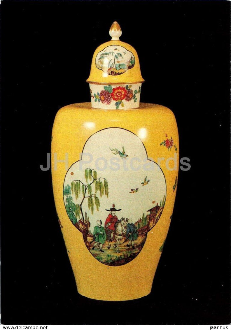 Meissen porcelain - Deckelvase - yellow ground lidded vase with chinoiserie decor - horse - 1985 - Germany DDR - unused - JH Postcards