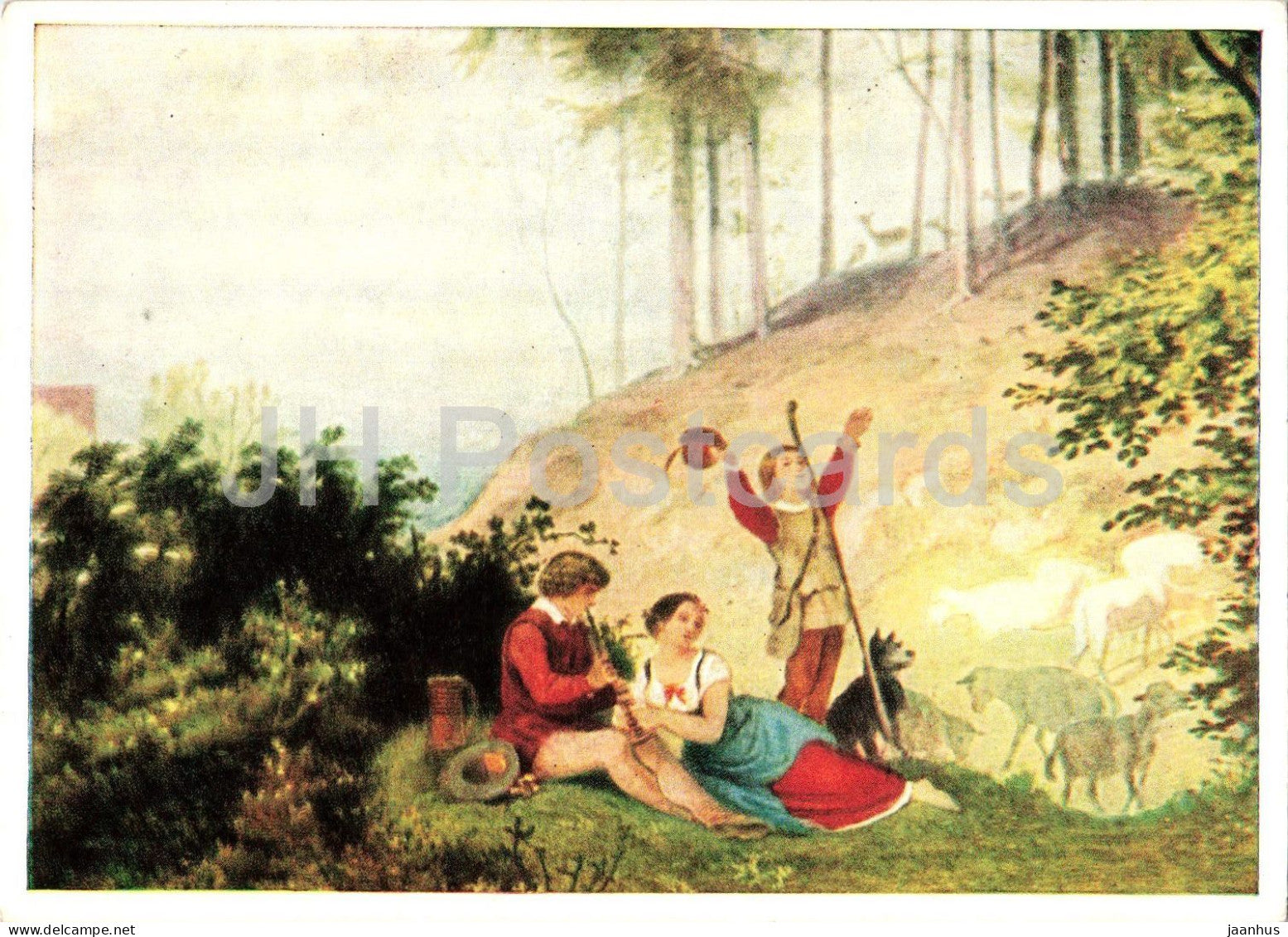 painting by Adrian Ludwig Richter - Shepherd Scene - Hirtenszene - sheep - German art - 1960 - Germany DDR - unused - JH Postcards