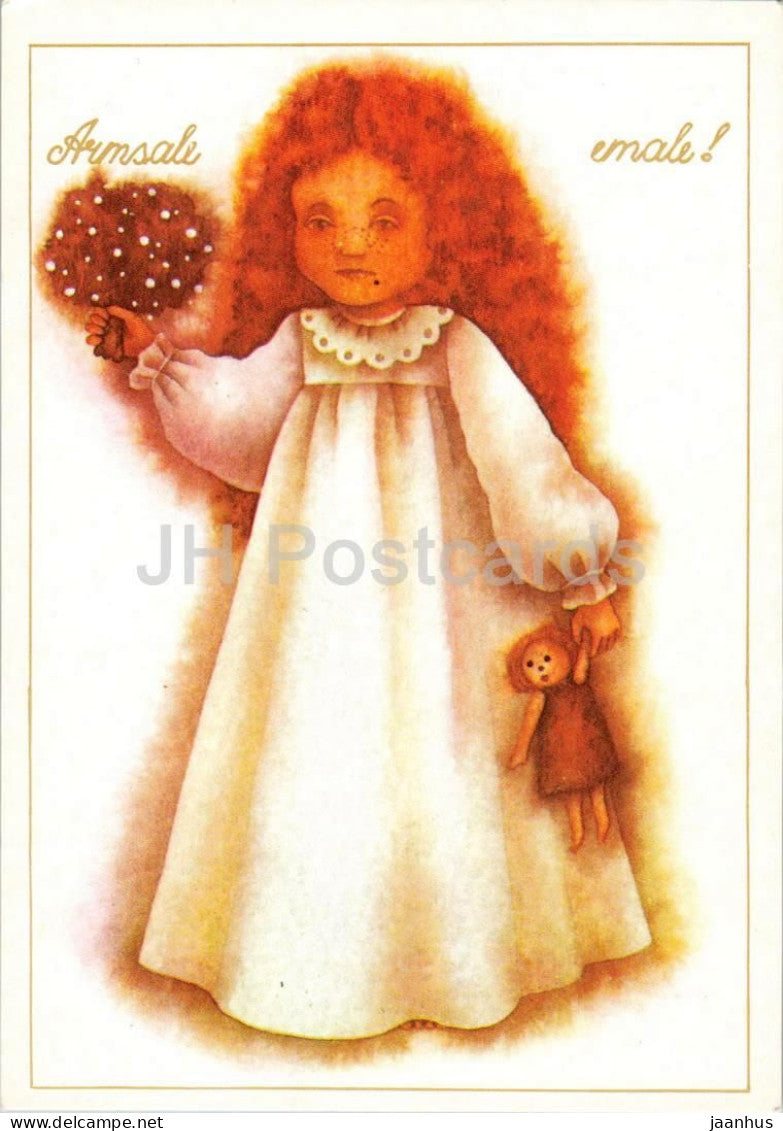 Mothers Day Greeting Card by V. Noor - To dear mother - girl doll flowers - illustration - 1988 - Estonia USSR - unused - JH Postcards