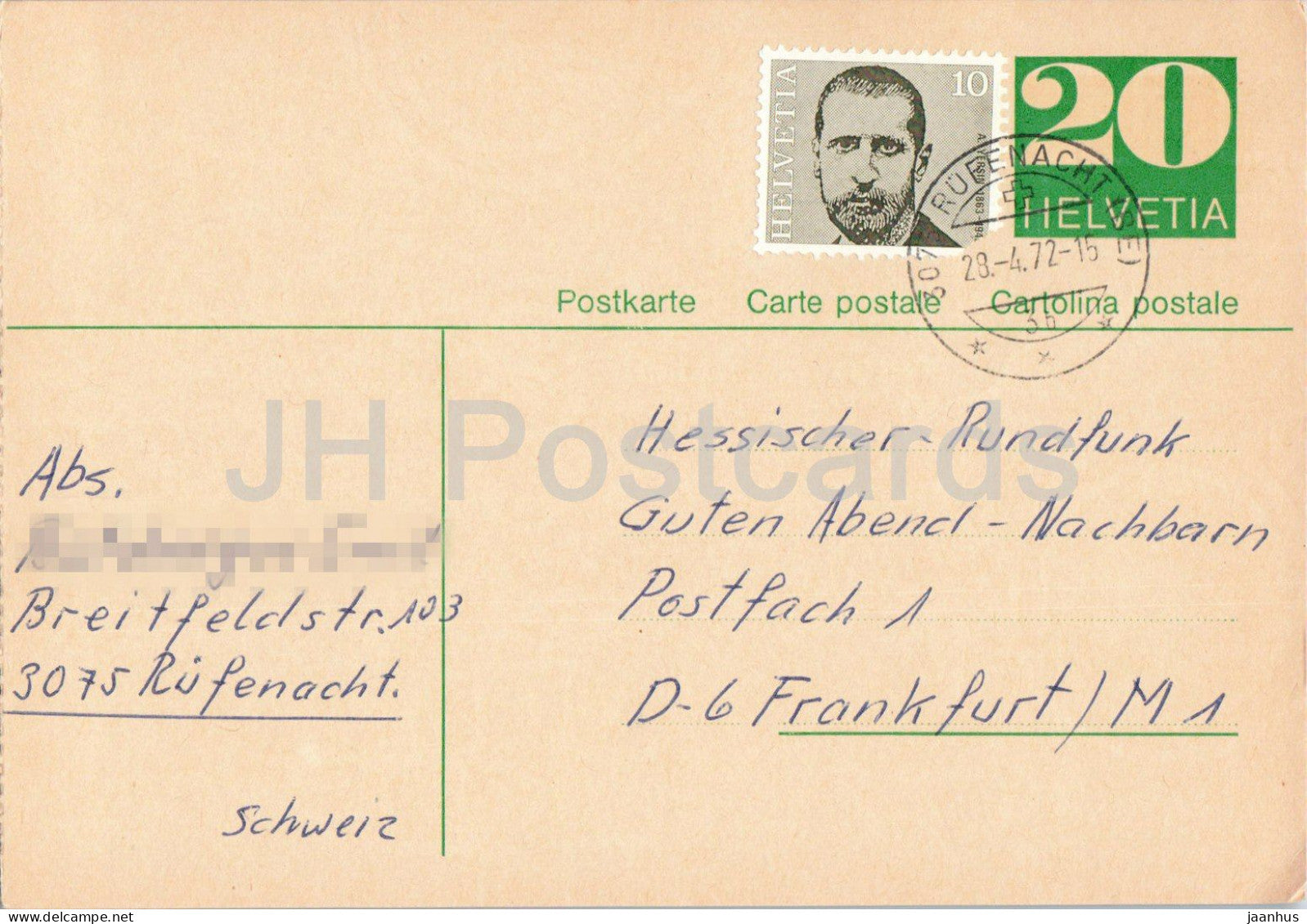 Guten Abend Nachbarn - Hessischer Rundfunk - postal stationery - 140 - 1972 - Switzerland - used - JH Postcards
