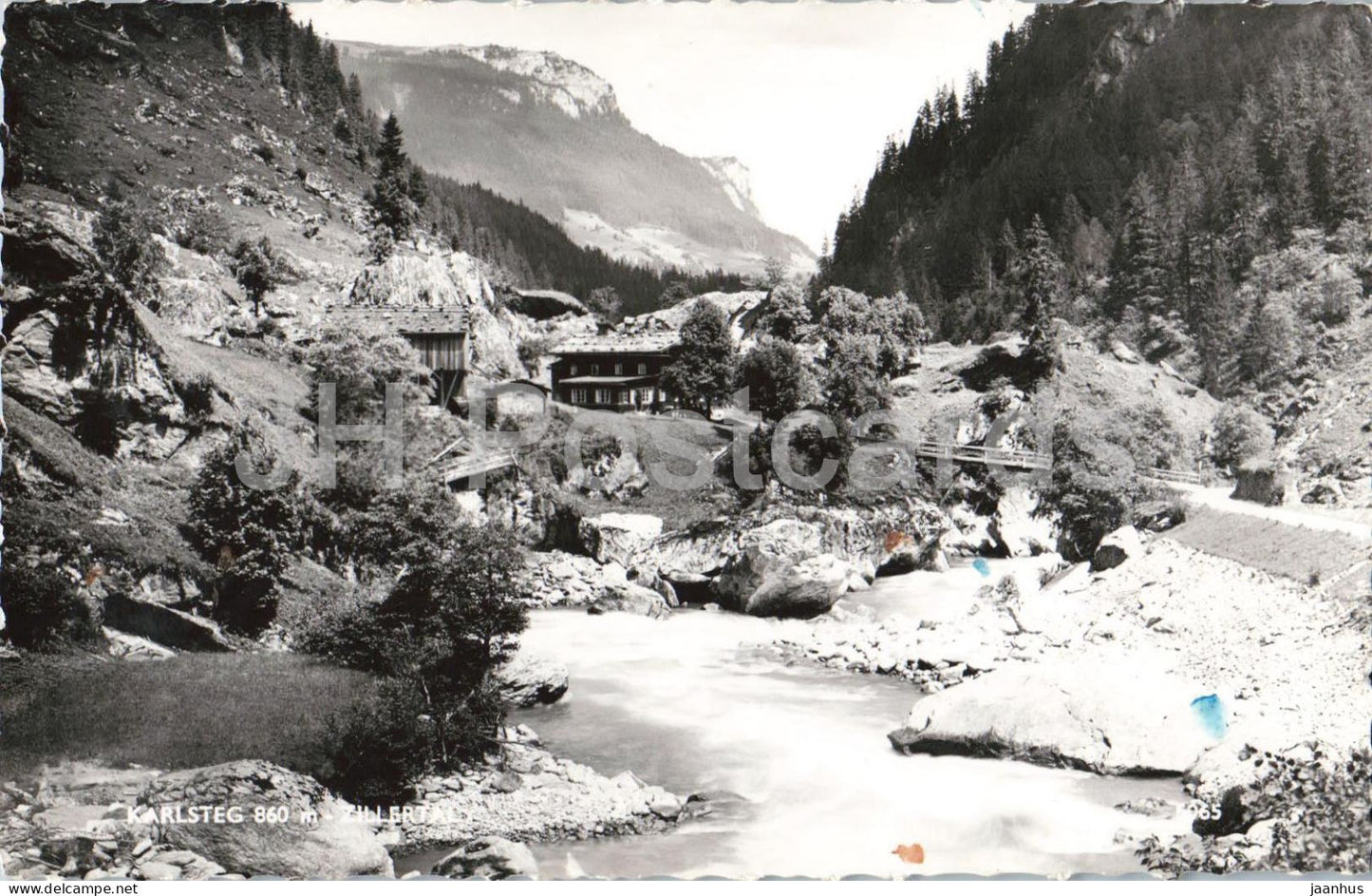 Karlsteg 860 m Zillertal - mountains - Alps - 5065 - old postcard - 1954 - Austria - used - JH Postcards