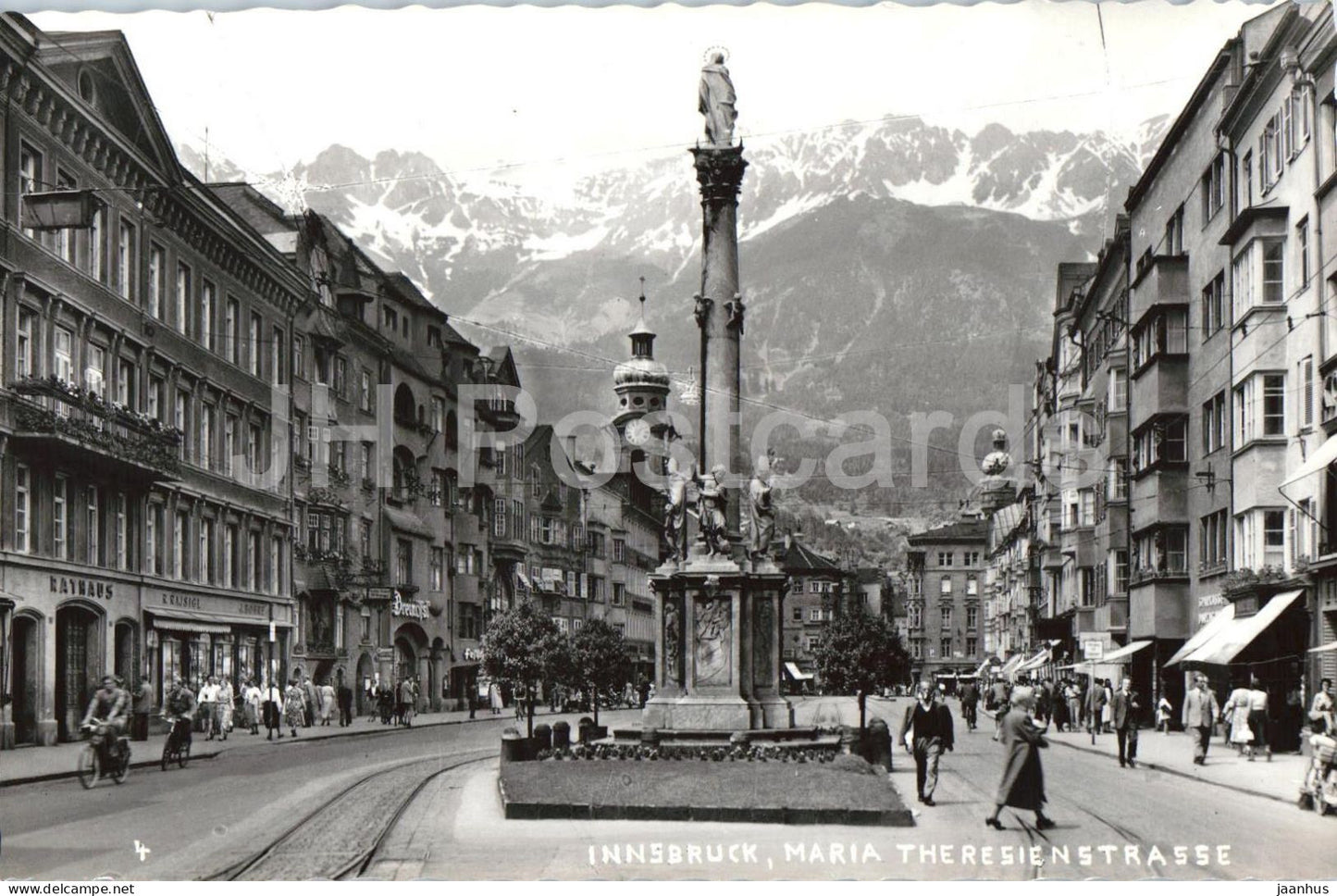 Innsbruck - Maria Theresienstrasse - city view - street - monument - Nordkette mountains - 4 - Austria - unused - JH Postcards