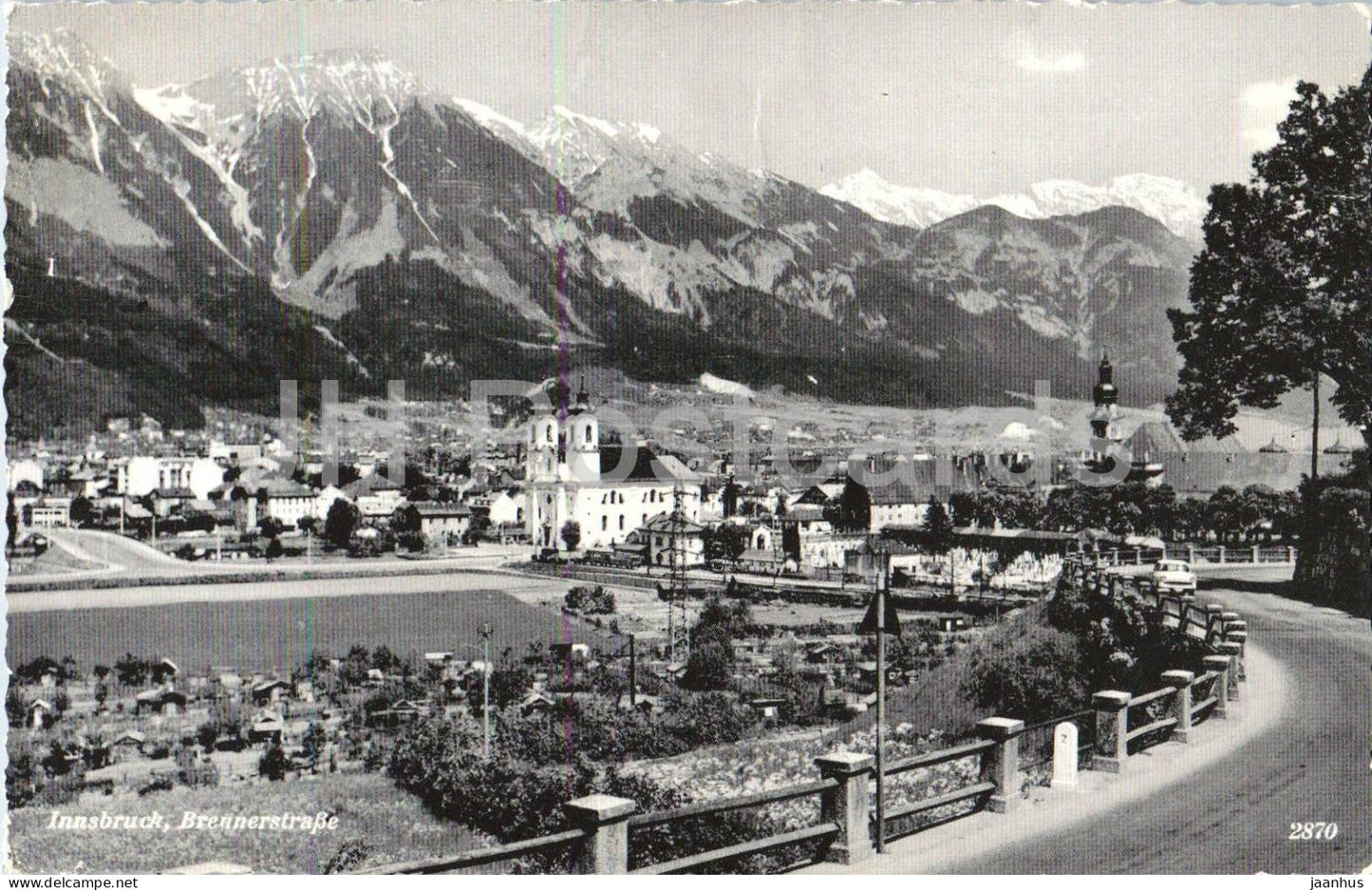 Innsbruck - Brennerstrasse - city view - street - church - alpine city mountains - 2870 - old postcard - Austria - used - JH Postcards