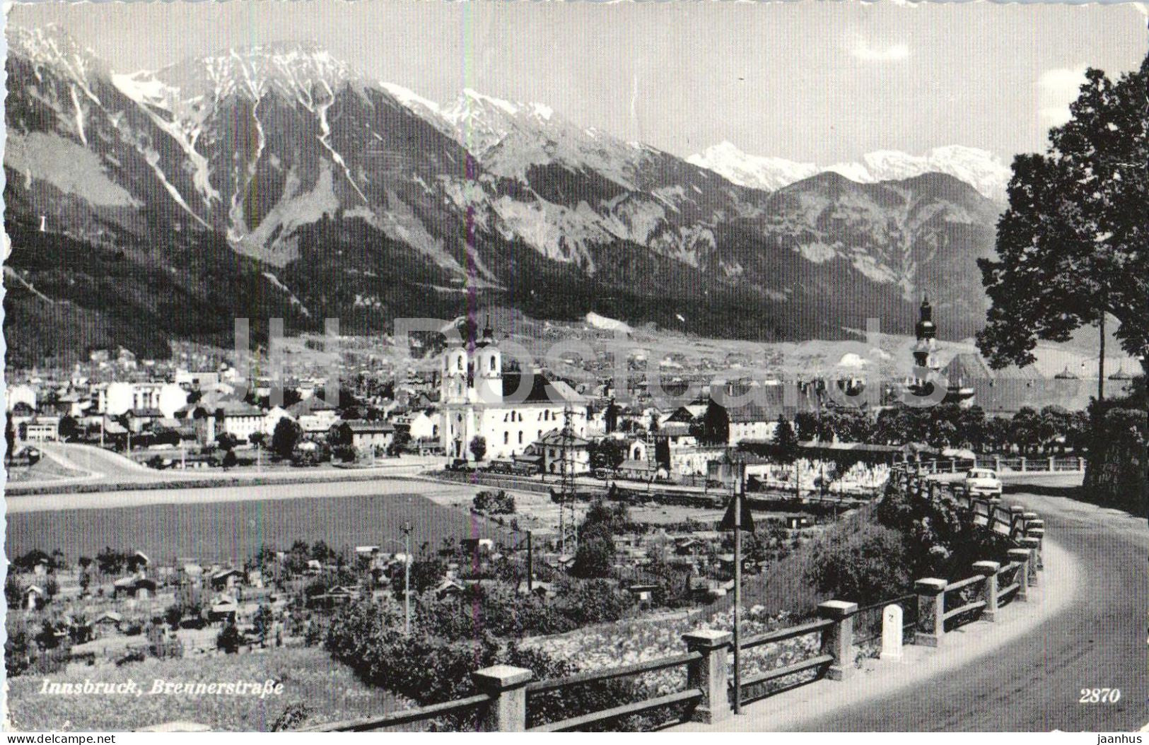 Innsbruck - Brennerstrasse - city view - street - church - alpine city mountains - 2870 - old postcard - Austria - used - JH Postcards