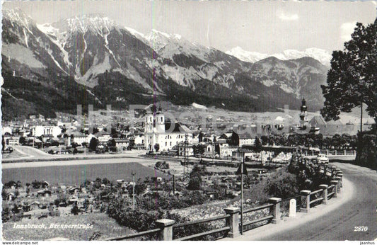 Innsbruck - Brennerstrasse - city view - street - church - alpine city mountains - 2870 - old postcard - Austria - used - JH Postcards