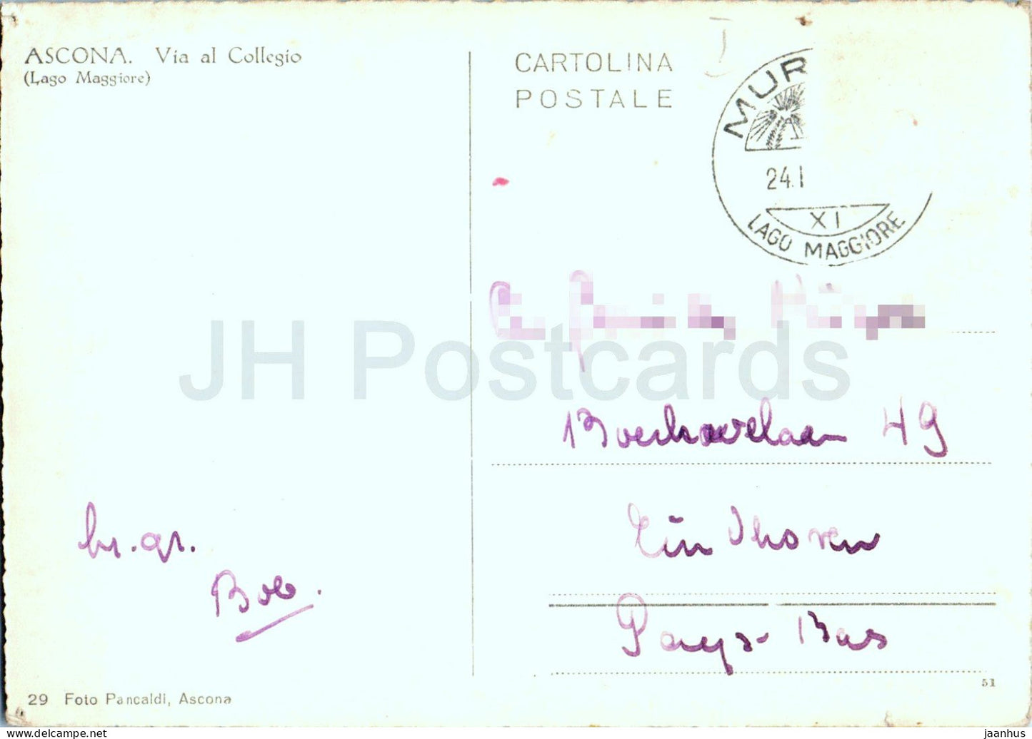 Ascona - Via al Collegio - Lac Majeur - vieille ville - rue - chapelle - 29 - vieille carte postale - Suisse - utilisée