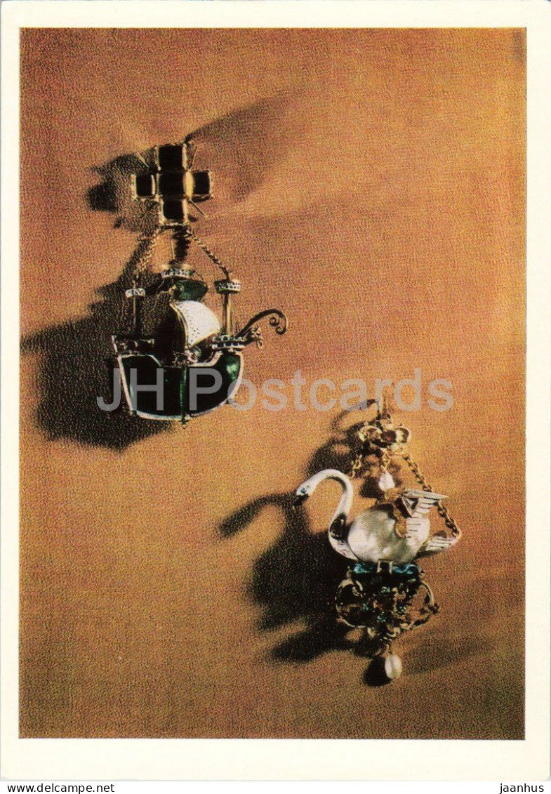 jewellery pendants - Caravel and Swan - 16th century - The Hermitage - ship - 1970s - Russia USSR - unused - JH Postcards