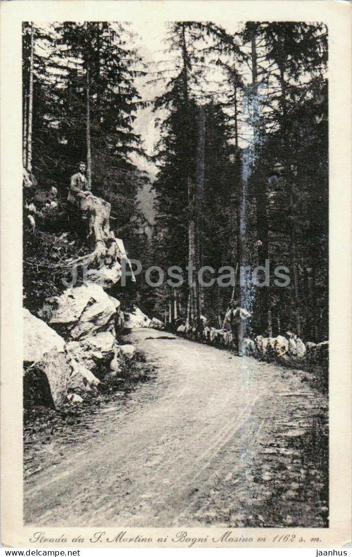 Strada da S. Martino ai Bagni Masino 1162 m - mountain forest road - old postcard - 1913 - Italy - used - JH Postcards