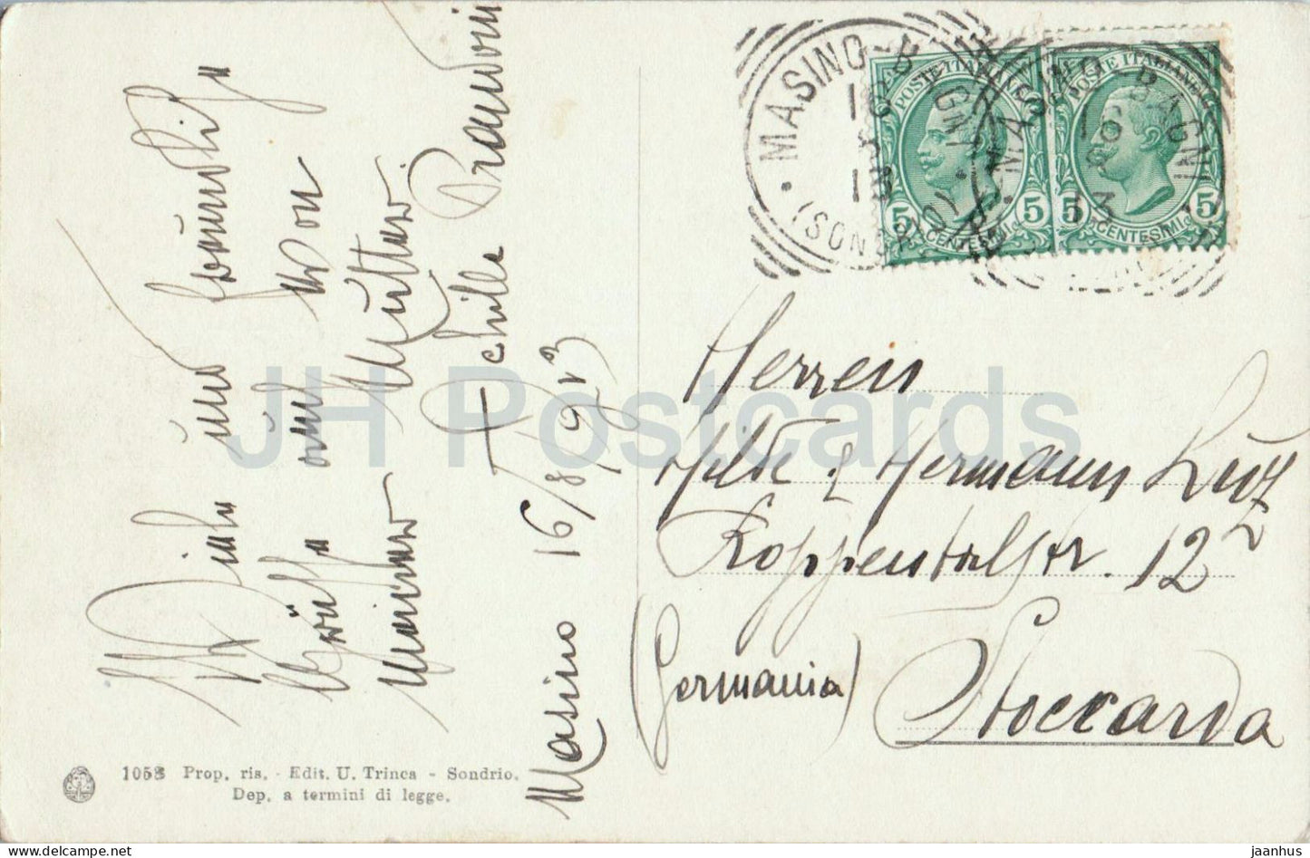 Strada da S. Martino ai Bagni Masino 1162 m - mountain forest road - old postcard - 1913 - Italy - used