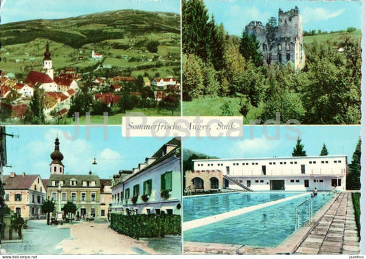 Sommerfrische Anger - Stmk. - Ruine Waxenegg - Bad - Platz - village view - pool - multiview - 1967 - Austria - used - JH Postcards