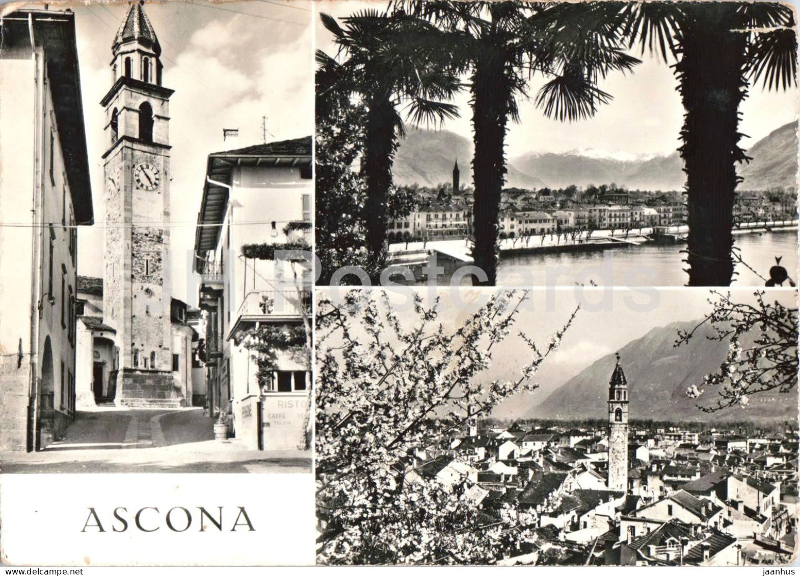 Ascona - Lago Maggiore - multiview - town - lake - palm trees church panorama - old postcard - 1956 - Switzerland - used - JH Postcards