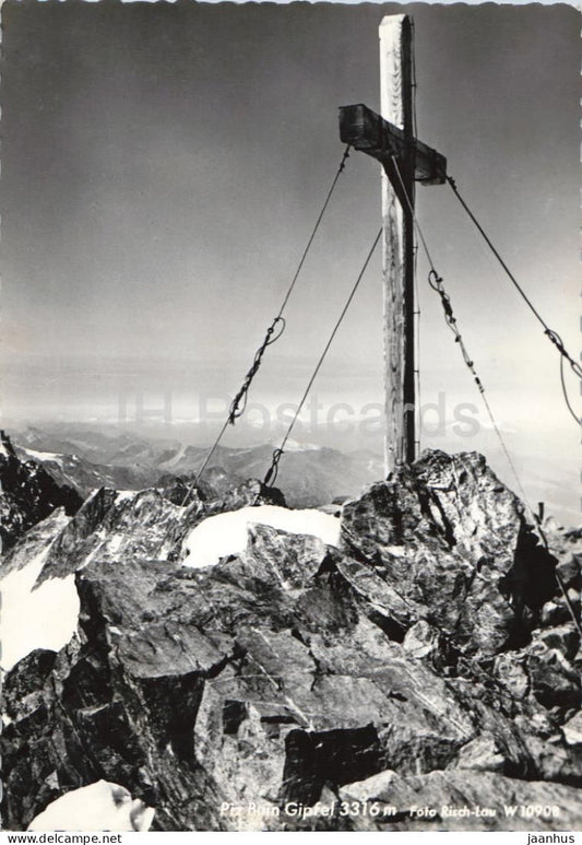 Piz Buin Gipfel 3316 m - summit cross - high mountains - glacier - panorama - 10908 - old postcard - Austria - unused - JH Postcards