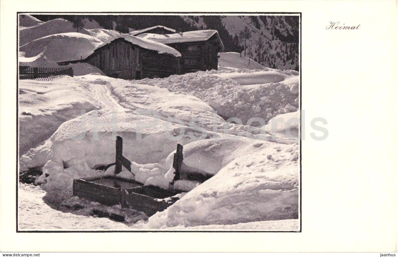 Heimat - snow covered buildings and wooden houses in winter village - Series 2418 - old postcard - Switzerland - unused - JH Postcards