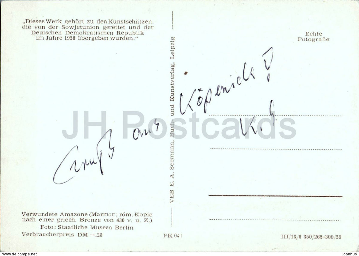 sculpture - Wounded Amazon - Verwundete Amazone - ancient world - old postcard - 1959 - Germany DDR - used