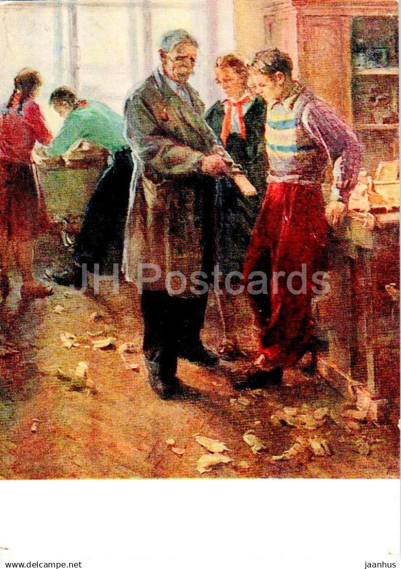painting by V. Klimonov - Job training lesson - teacher - boy - man - pioneer  Russian art - 1962 - Russia USSR - unused - JH Postcards