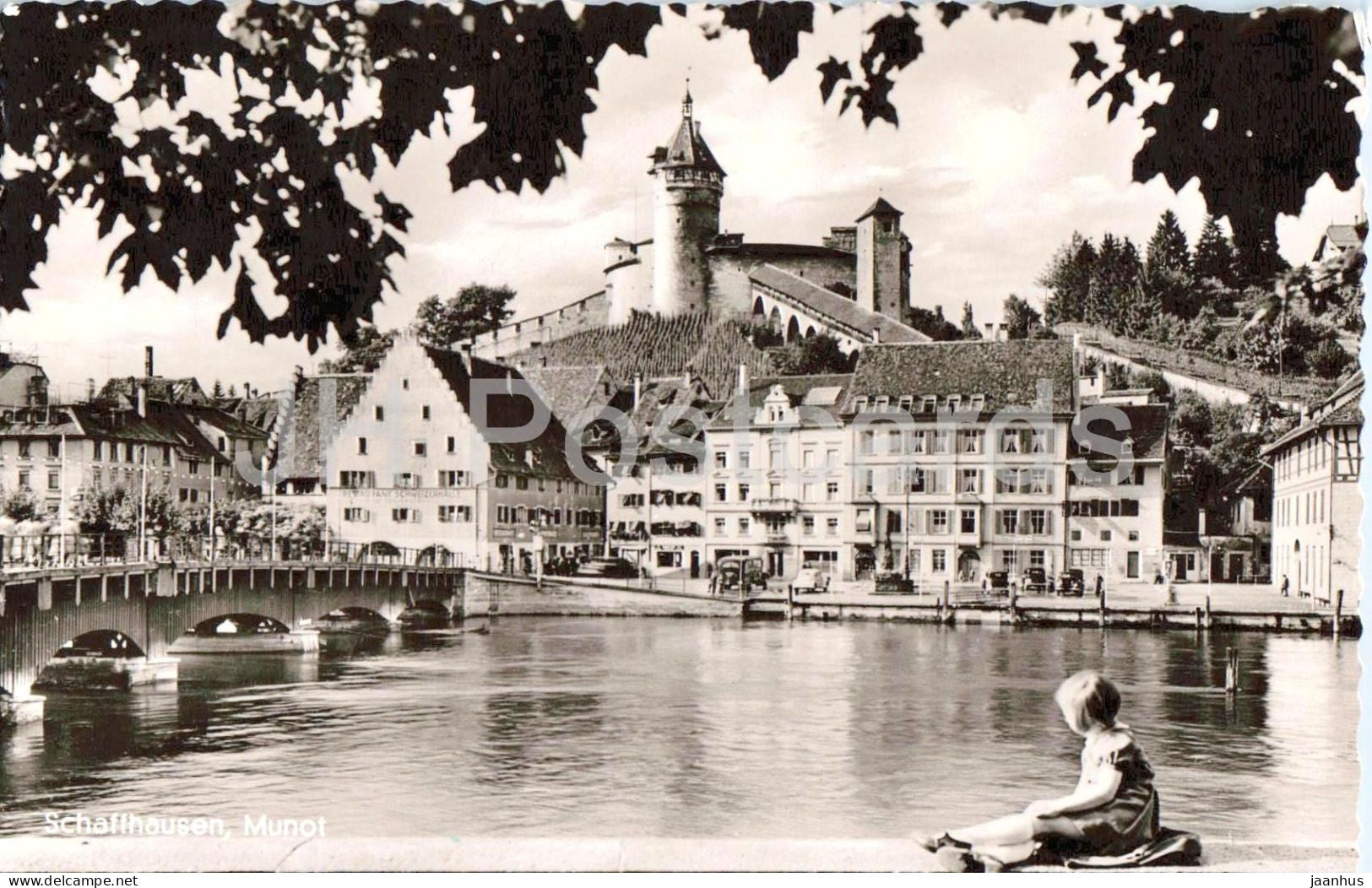 Schaffhausen Munot - Rhine river - old town - bridge - old postcard - 1953 - Switzerland - used - JH Postcards
